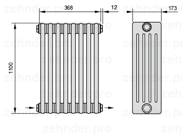 Схема (чертеж) Радиатор Zehnder Charleston 5110/8 №2670 Белый глянцевый RAL 9016